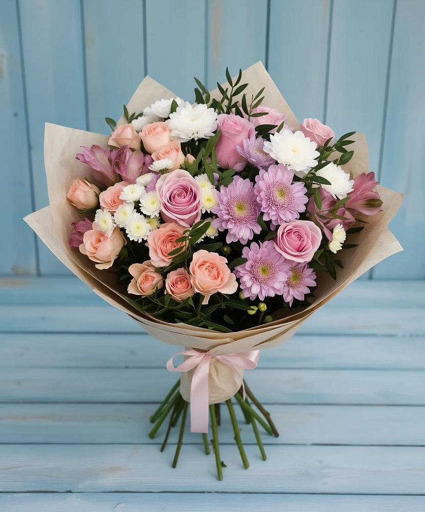 Букет цветов из: Хризантемы, Розы и Альстромерии в Пшичо