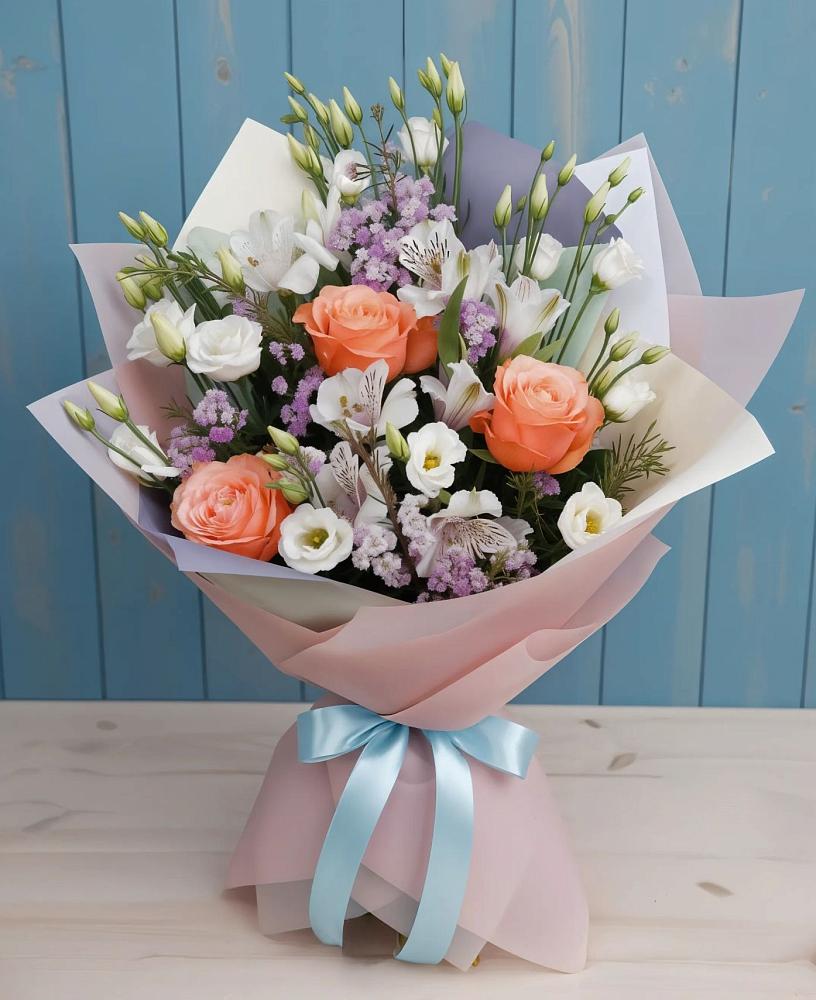 Букет цветов из: Лизиантусы, Розы, Альстромерии и Гипсофила в Пшичо