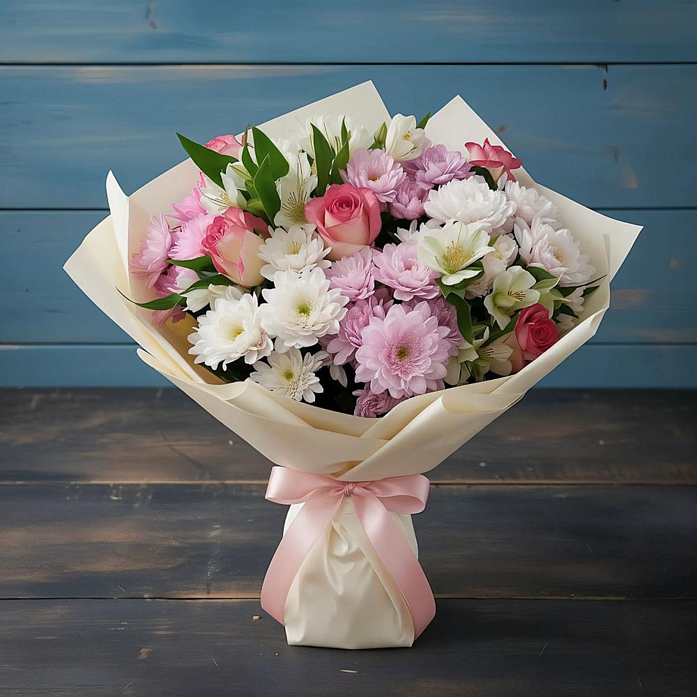 Букет цветов из: Хризантемы, Альстромерии и Розы в Пшичо